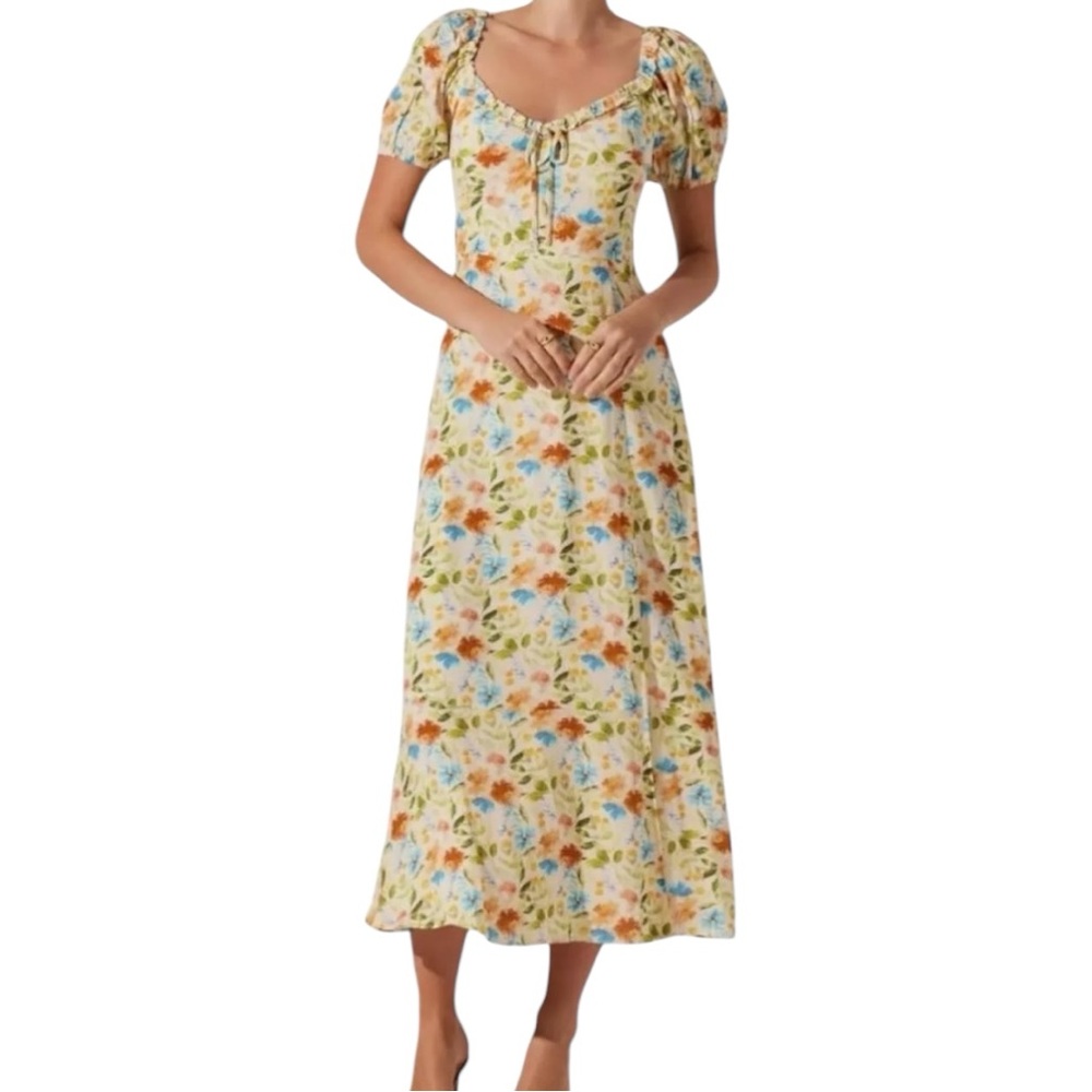 New ASTR the Label Medium Yellow Floral Puff Sleeve Midi Dress